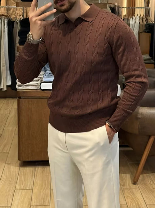 Cable-Knit Cotton Polo-Collar Sweater